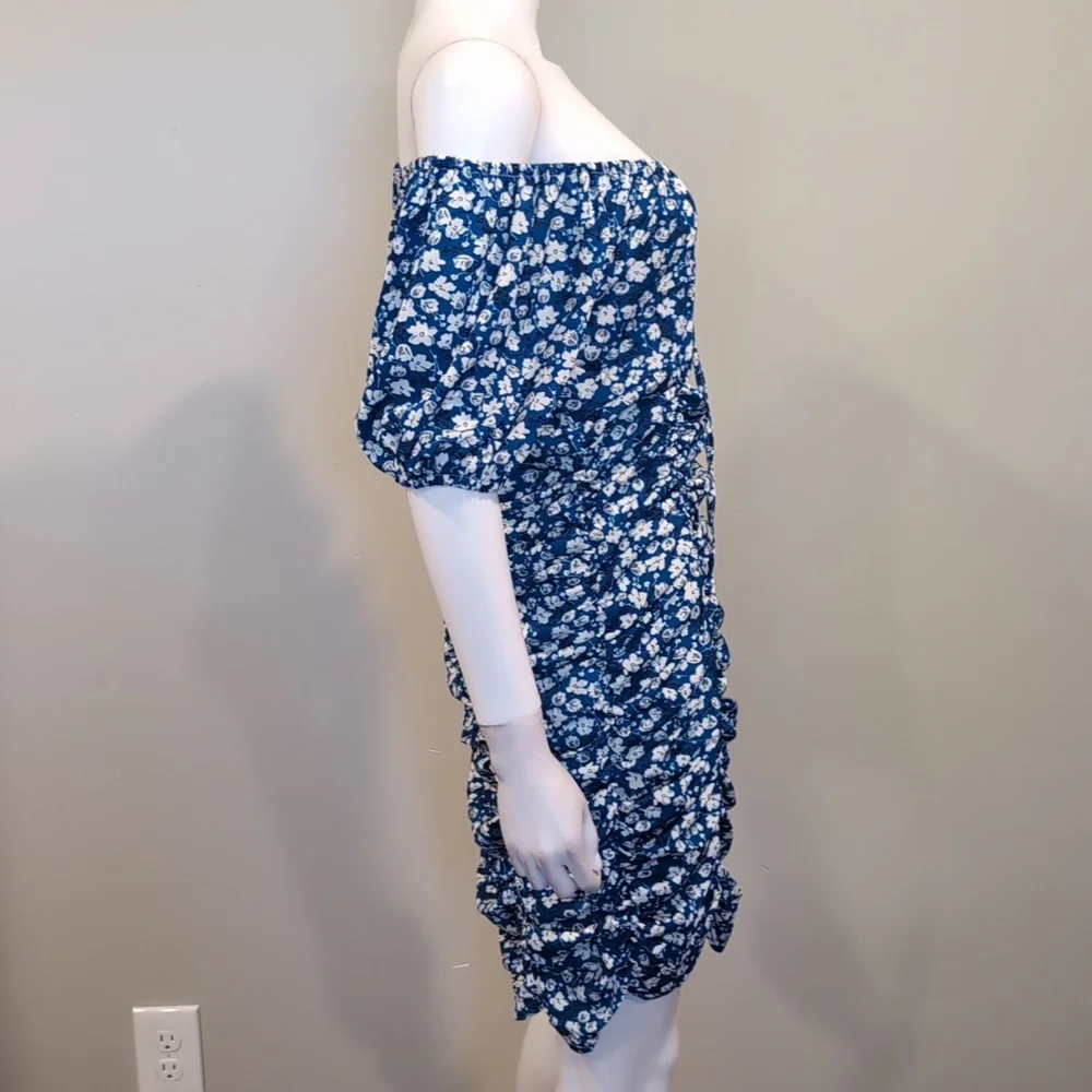 SHEIN Blue And White Floral Off Shoulder Tie Bust Ruched Front Mini Dress Large